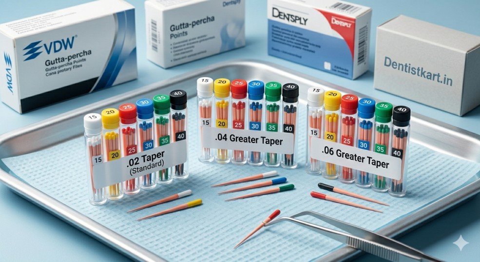 Gutta percha points in different tapers and sizes — dental obturation